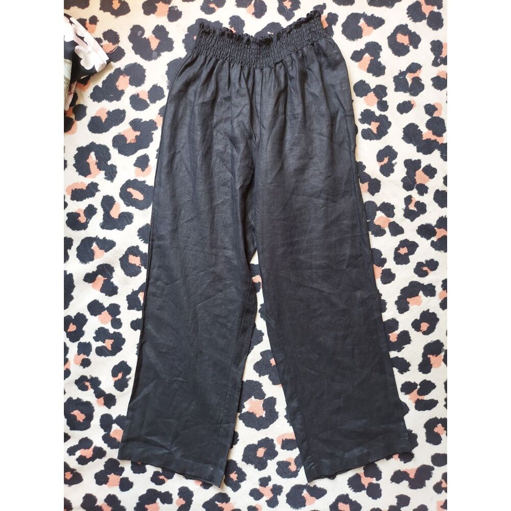 House of Harlow 100% Linen Palazzo Pants Black Ruched Stretchy Waist